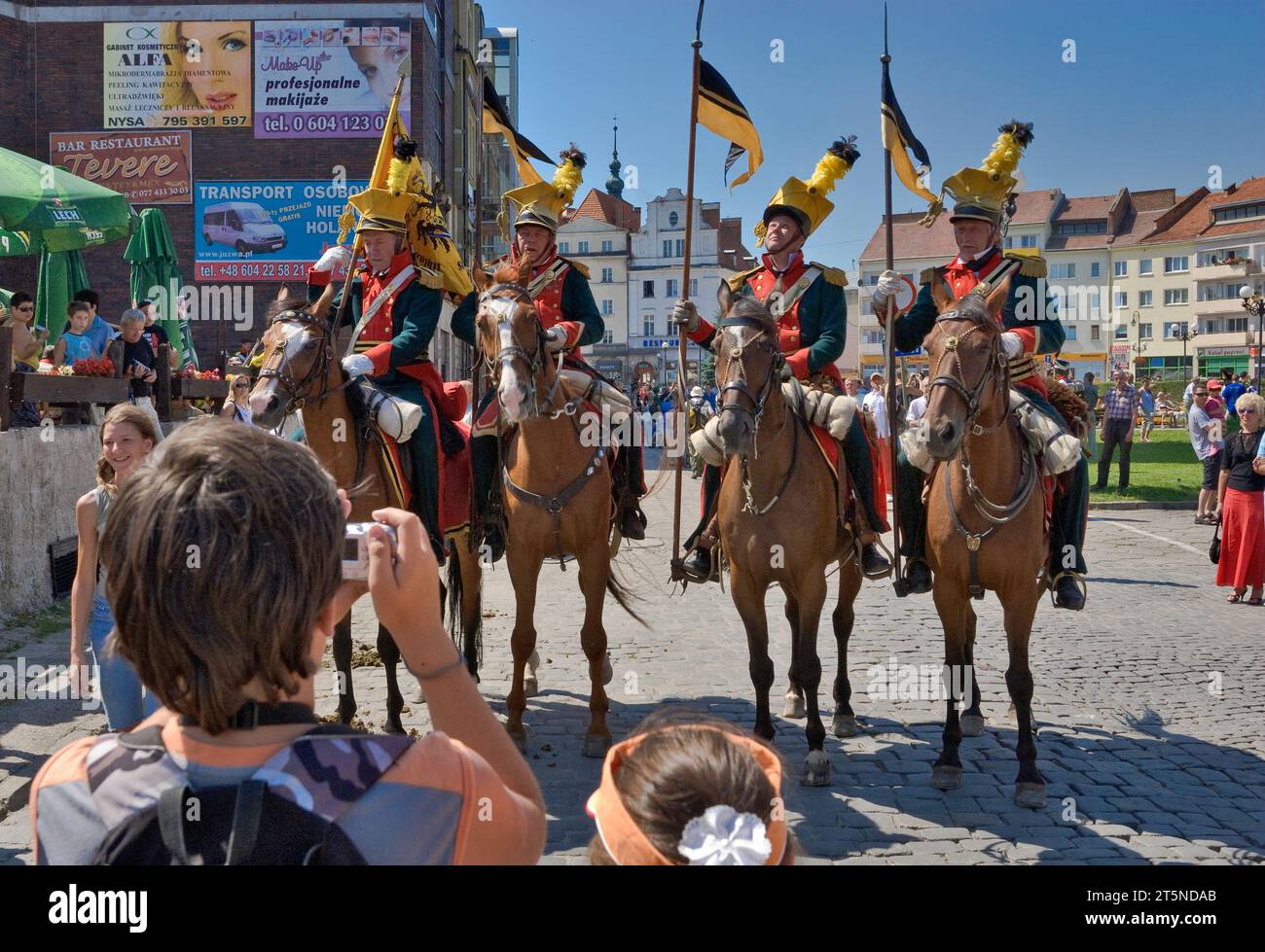 Cavalry reenactors at Market Square before Reenactment of the Siege of Neisse during Napoleonic War with Prussia in 1807, in Nysa, Opolskie, Poland Stock Photo