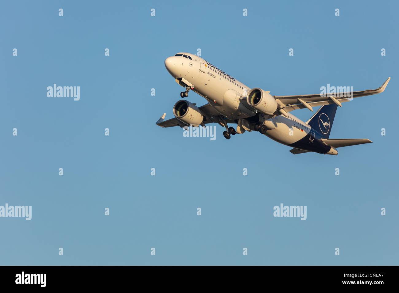 Lufthansa Airbus A320-271N Neo, registration D-AINN taking off from London Heathrow airport on a beautiful, sunny autumn evening at golden hour Stock Photo