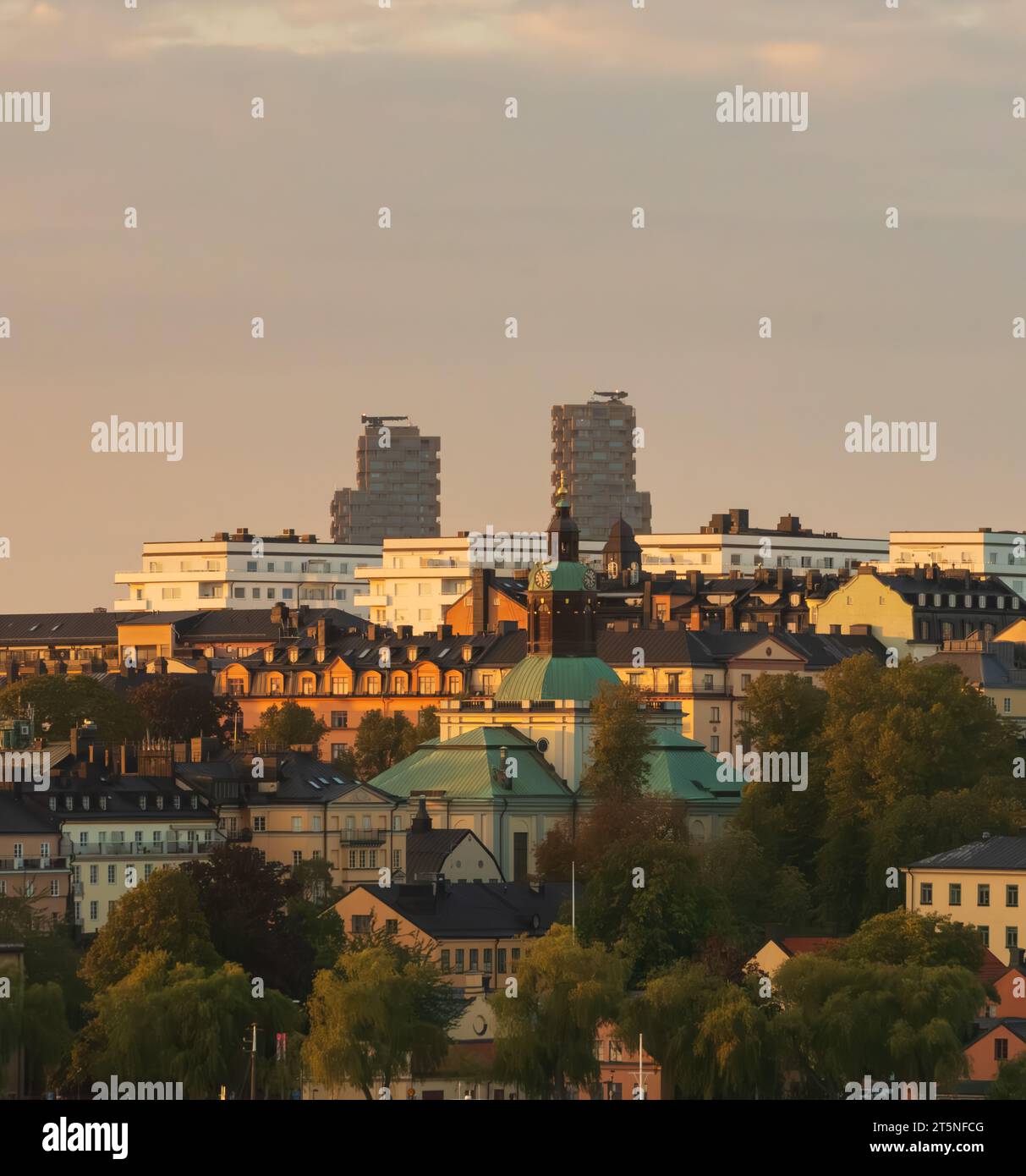 The skyline of Stockholm, view of the buildings in Kungsholmen towards Hagastaden at twilight Stock Photo