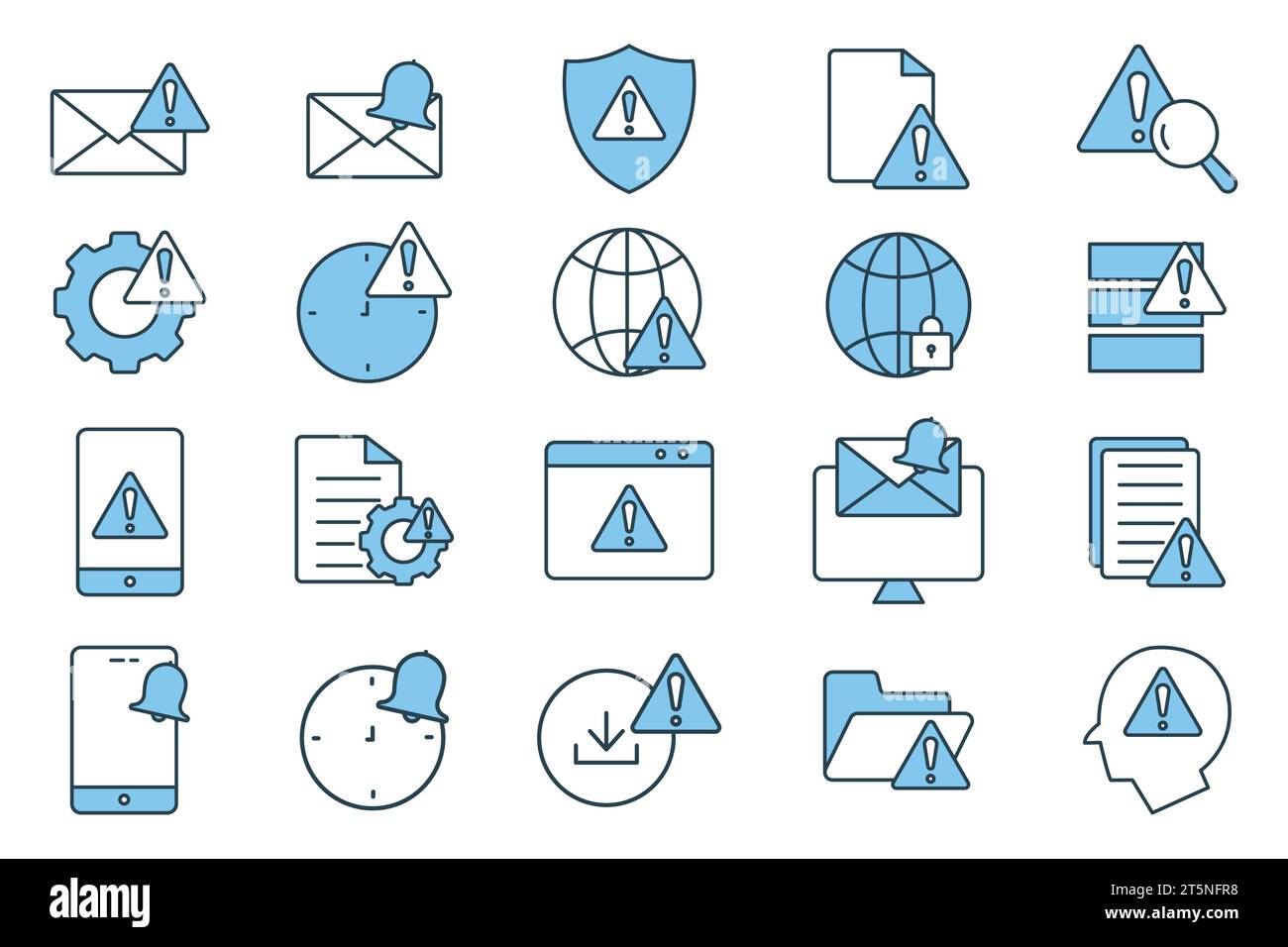 warning and notification icon set. warning, notification, system error, network error, secured network.etc. flat line icon style design. Simple vector Stock Vector