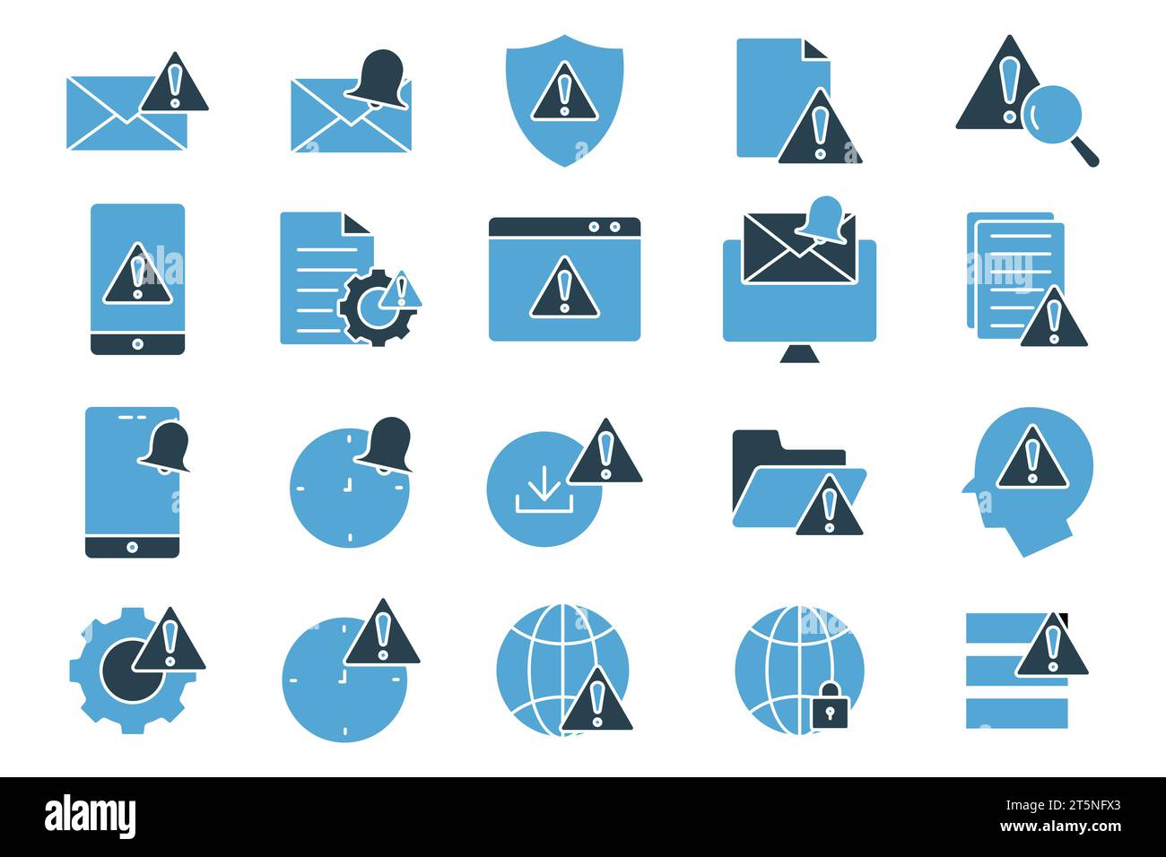 warning and notification icon set. warning, notification, system error, network error, secured network.etc. solid icon style design. Simple vector des Stock Vector