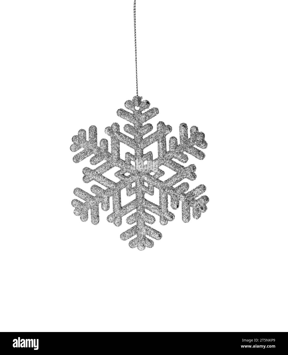 Hanging Silver Glitter Snowflake isolated on white background. Winter ornament Stock Photo