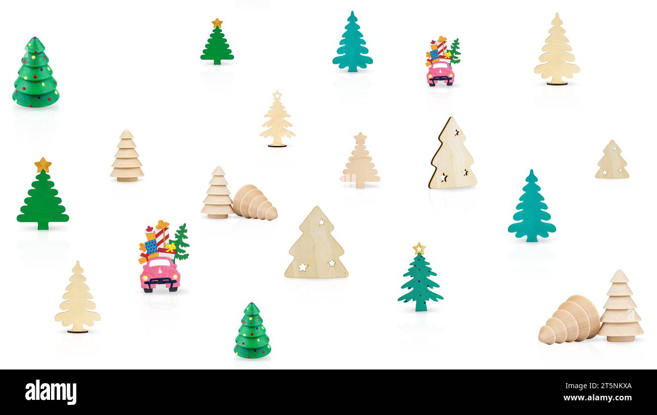 Merry Christmas and New Year Holiday Banner. Wooden Christmas Trees Decoration Seamless Pattern Isolated on White Background. Stock Photo