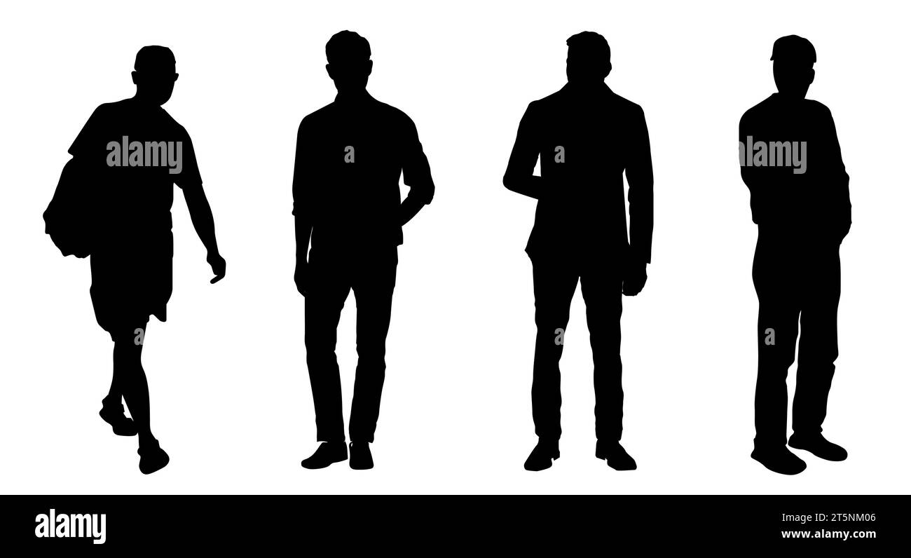 Silhouettes of three adult guys and one elderly man. Diverse people group silhouette. Flat vector illustration isolated on background. Stock Vector