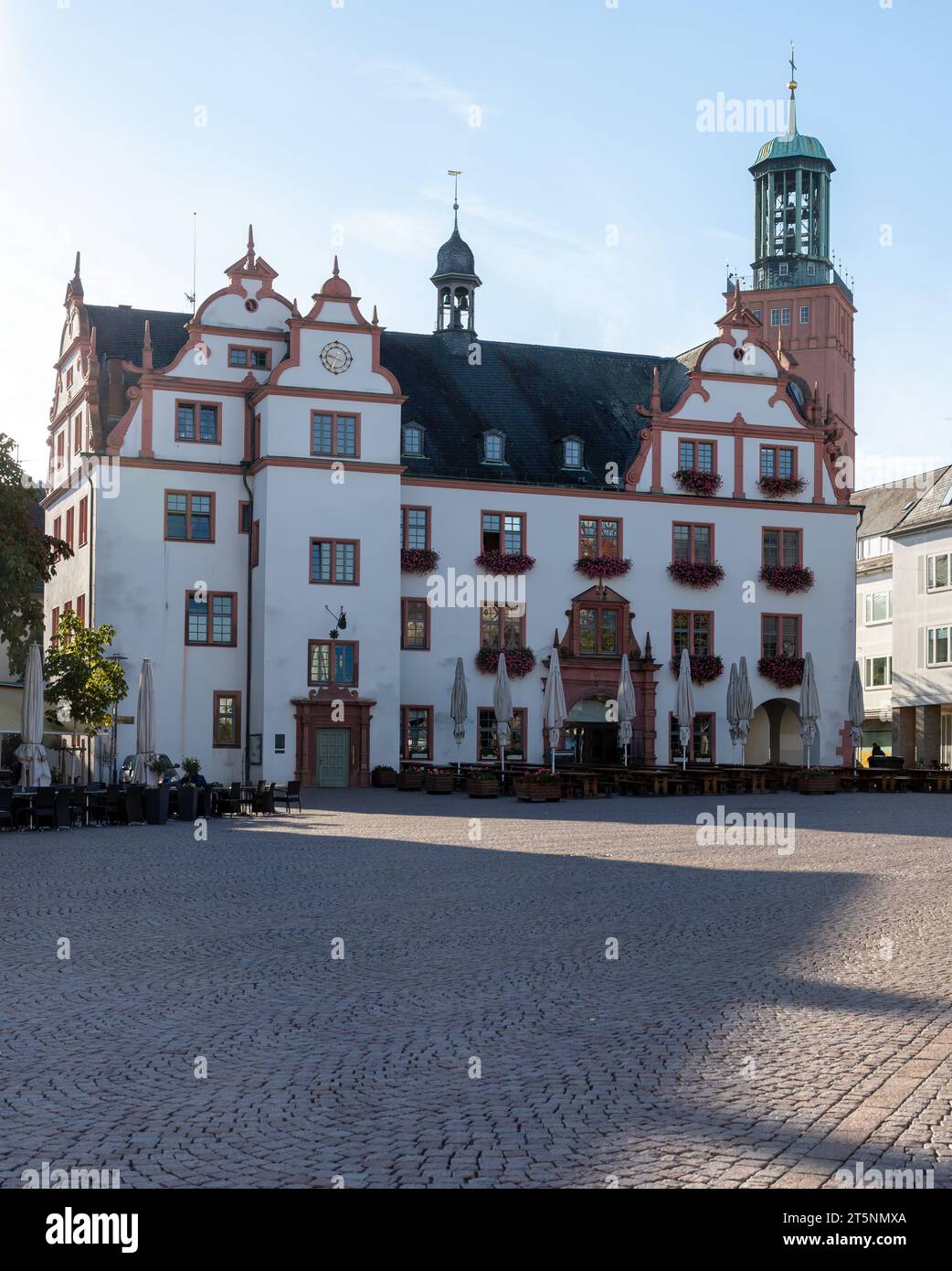 old, historic town hall of the city of Darmstadt with market square Stock Photo