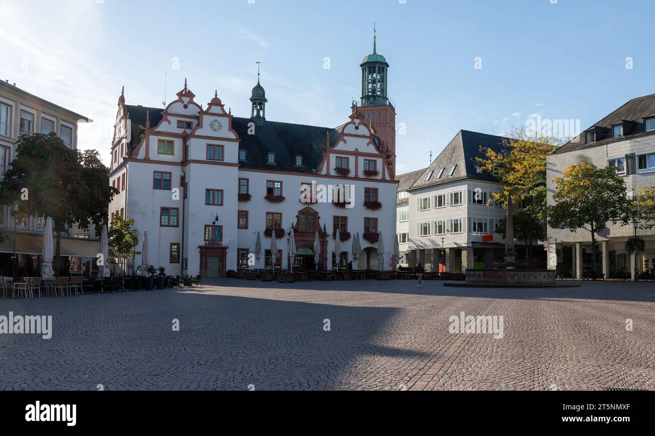 old, historic town hall of the city of Darmstadt with market square Stock Photo