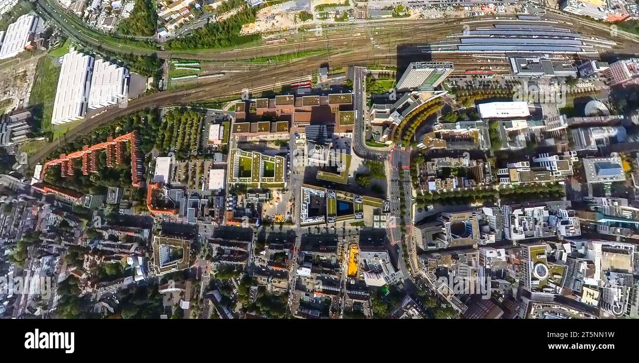 Aerial view, Dortmund U Center for Art and Creativity and central station, globe, fisheye shot, 360 degree shot, tiny world, Dorstfelder Brücke, Dortm Stock Photo