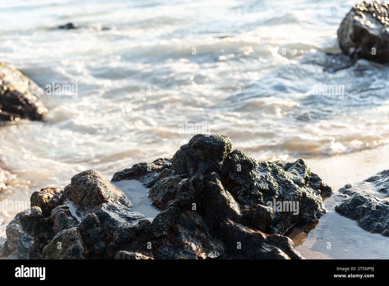 Sea waves lapping gently on the dark rocks of the beach. Preserved and alive nature. Stock Photo