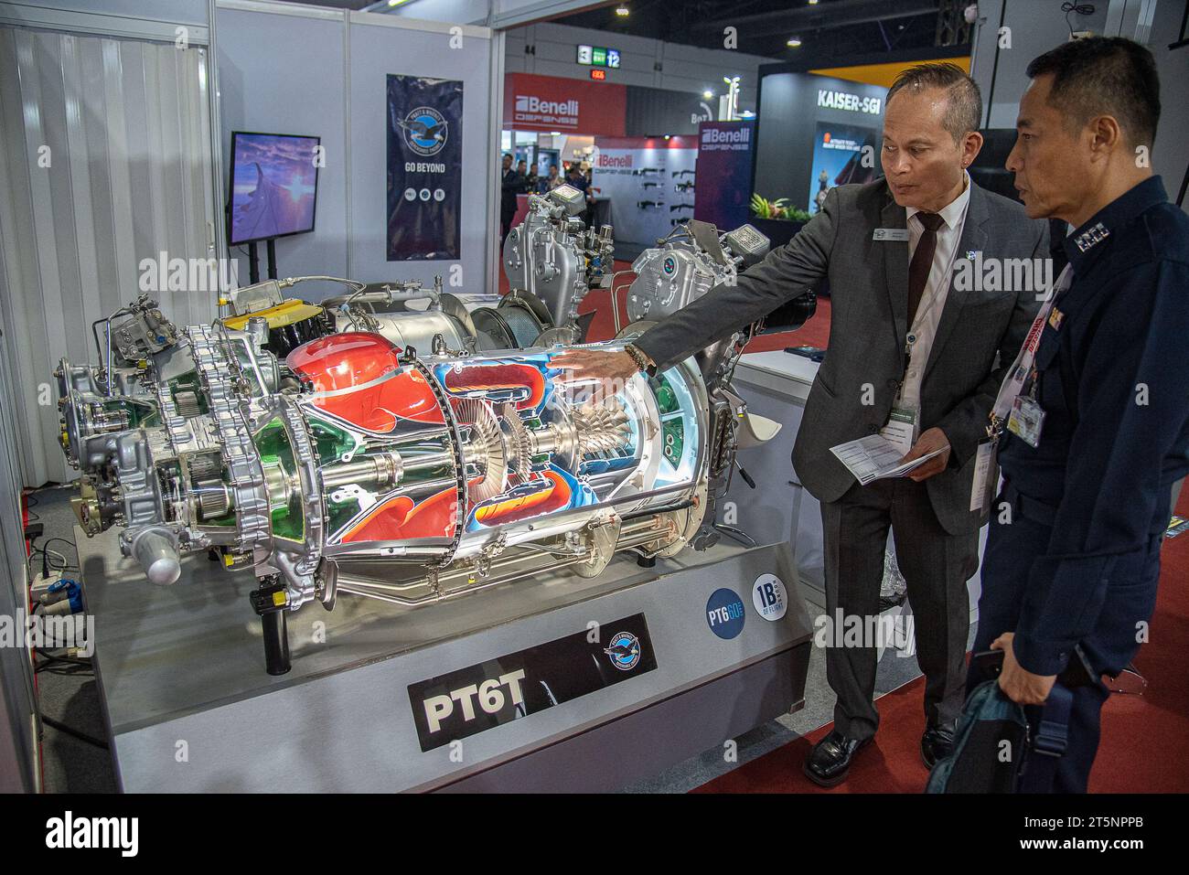 Thai army personnel inspect a PT6T turboshaft engine designed for ...