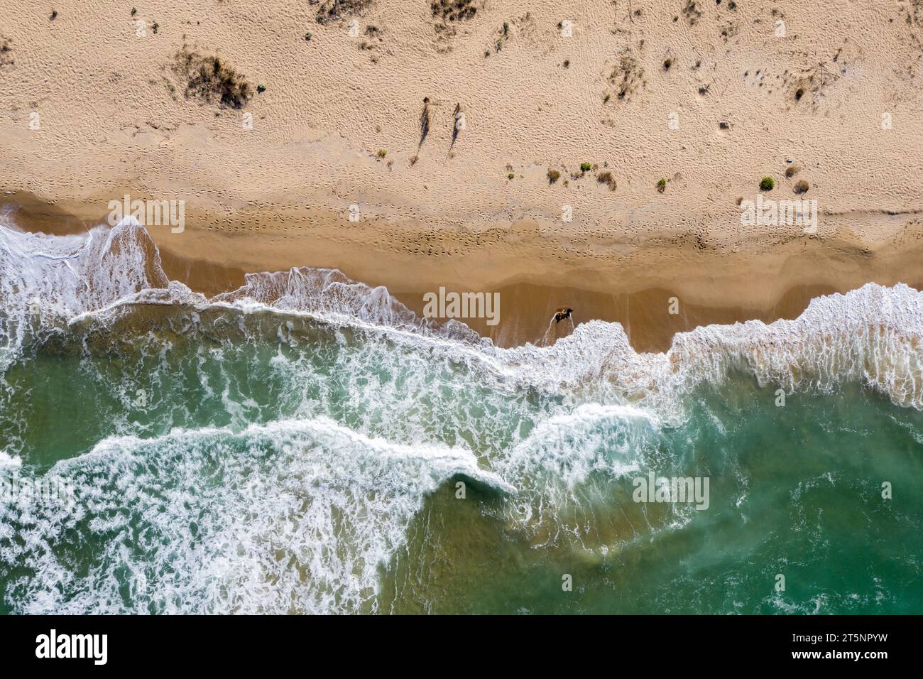 Aerial view of ocean waves washing a secluded sandy shoreline beach Stock Photo