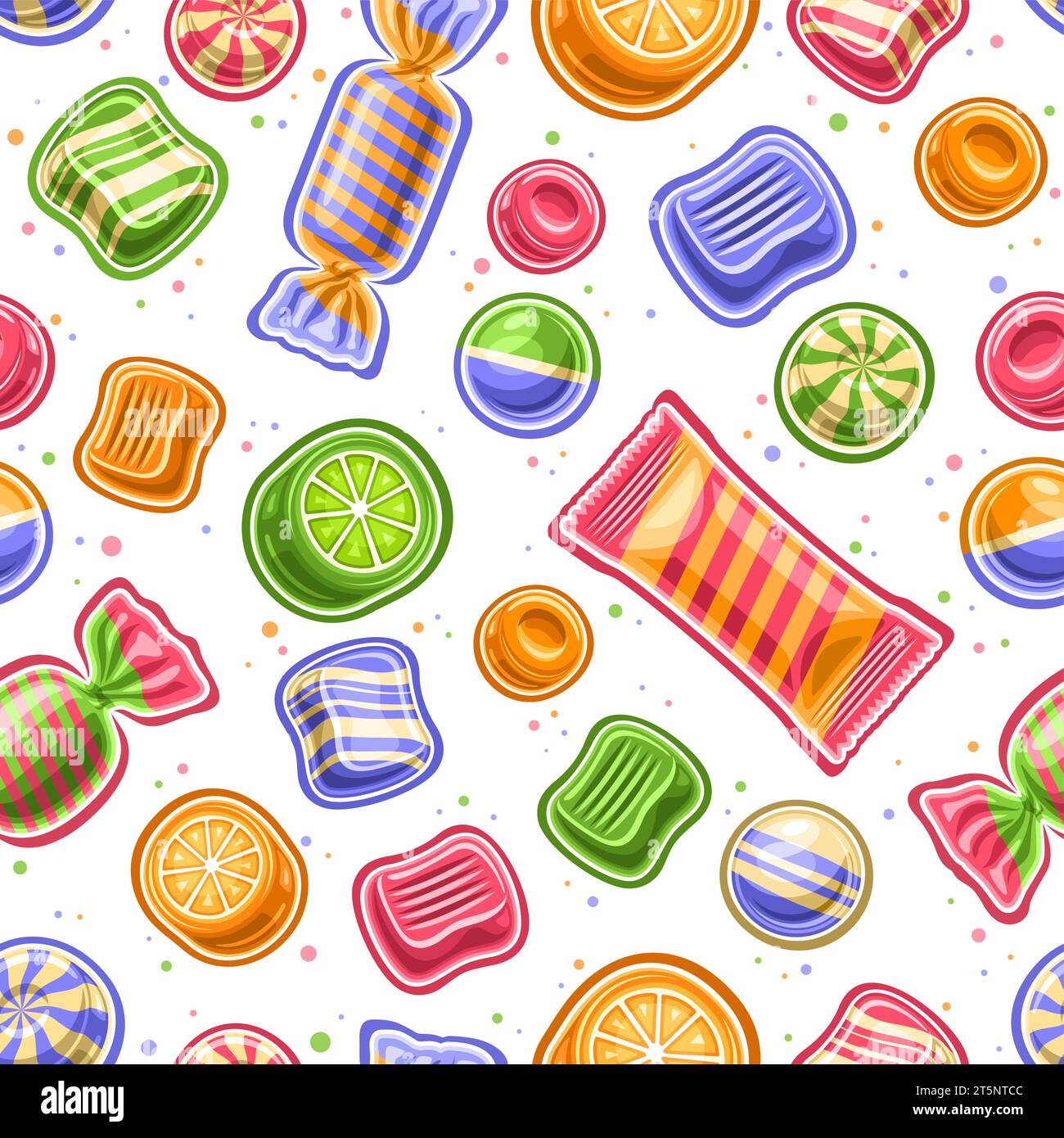 Vector Candy Seamless Pattern, repeating background with cut out illustrations of different colorful fruit candies and bubble gums in spiral vibrant c Stock Vector