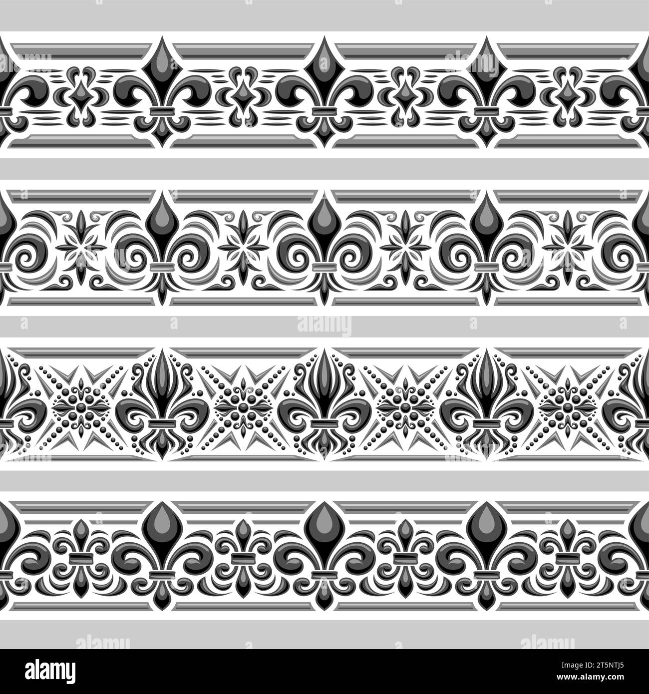 Vector Fleur de Lis Ornament, seamless borders with illustration of grey embroidery fleur de lis art patterns, horizontal repeat border with elegant m Stock Vector