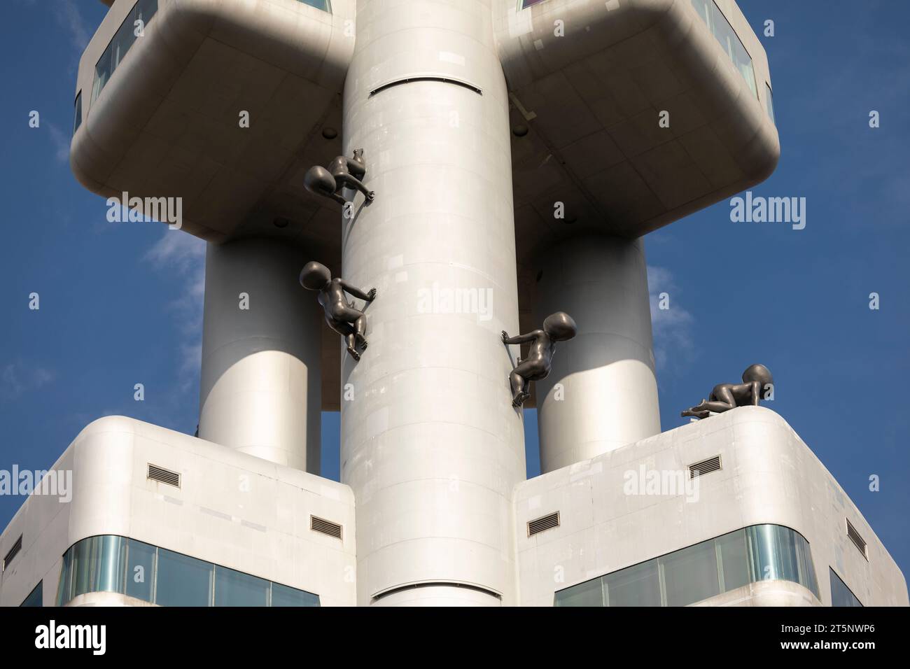 PRAGUE, CZECH REPUBLIC, EUROPE - Zizkov Television Tower, a 216m transmitter tower. On tower is sculptor David Cerny installation Babies. Stock Photo