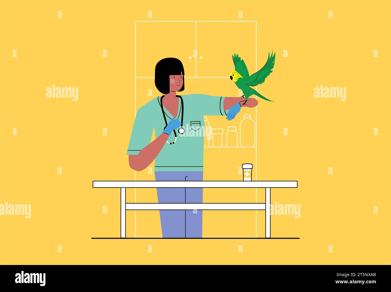 Veterinarian Holding Bird Above Vet Table In Veterinary Hospital Care Facility, Clinic, Check-Up, Visit Stock Vector