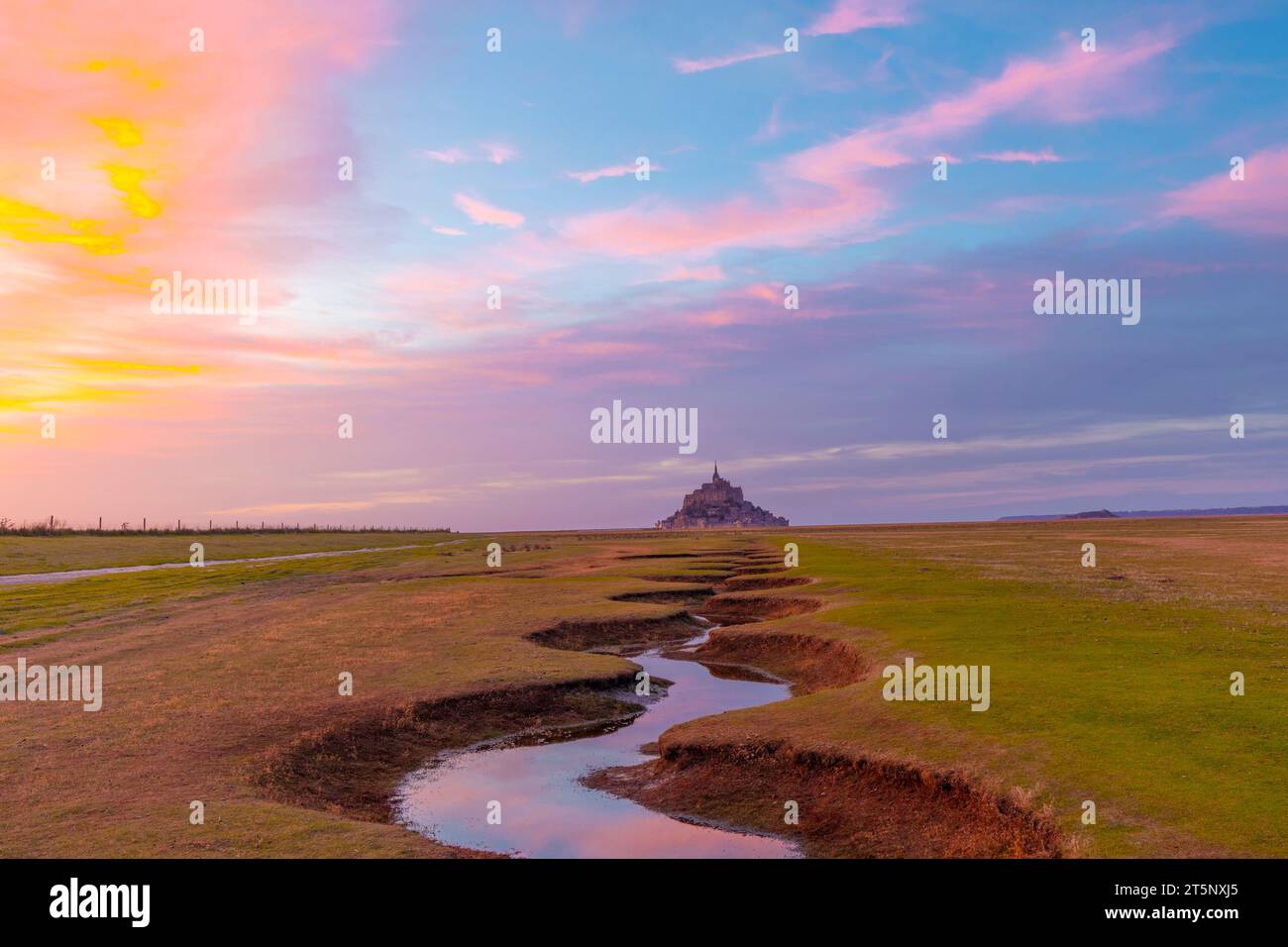 Mont Saint Michel at Sunset, Normandy, France, North West Europe Stock Photo