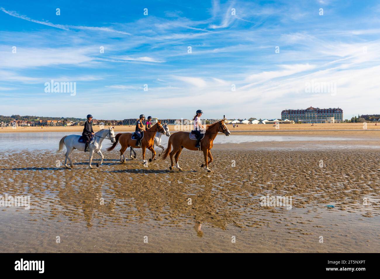 Horses Riding on the Beach at Deauville, Deauville, Normandy, France, North West Europe Stock Photo