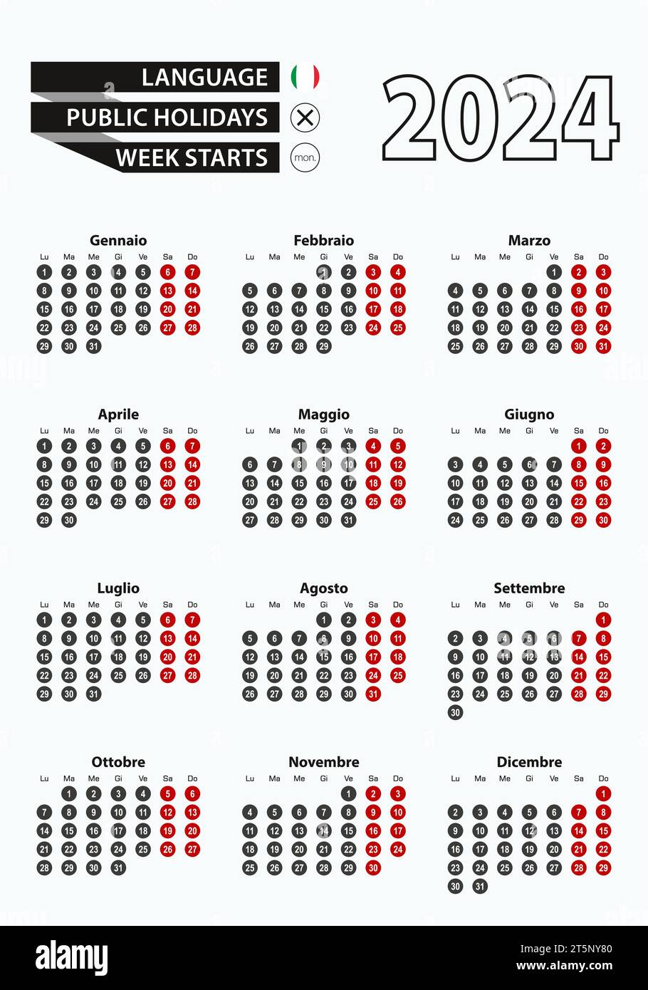Vector template calendar 2024 with number in circles, simple Italian
