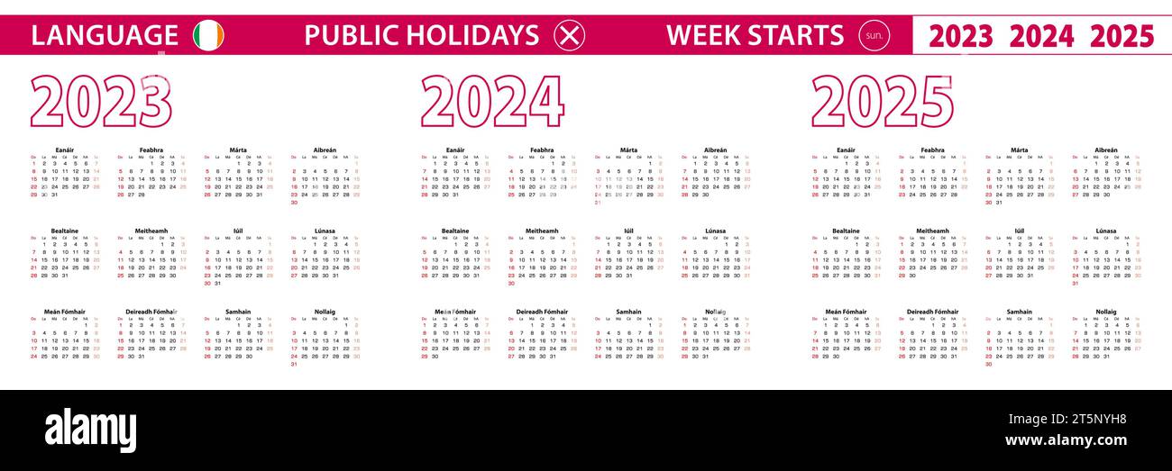 2023, 2024, 2025 year vector calendar in Irish language, week starts on