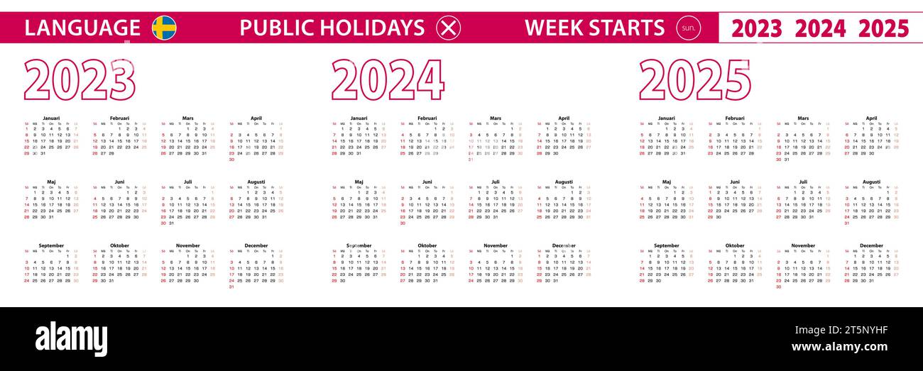 2023, 2025, 2025 year vector calendar in Swedish language, week starts