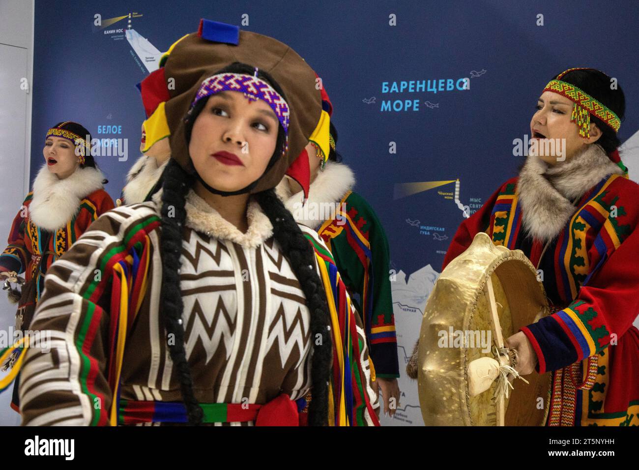 Moscow, Russia. 4th of November, 2023. Artists in national costumes perform at the stand of the Yamalo-Nenets Autonomous Okrug during the Russia Expo international exhibition and forum at the VDNKh exhibition centre in Moscow, Russia. Stock Photo