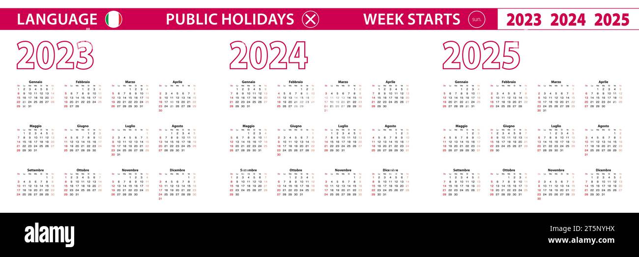 2023, 2024, 2025 year vector calendar in Italian language, week starts