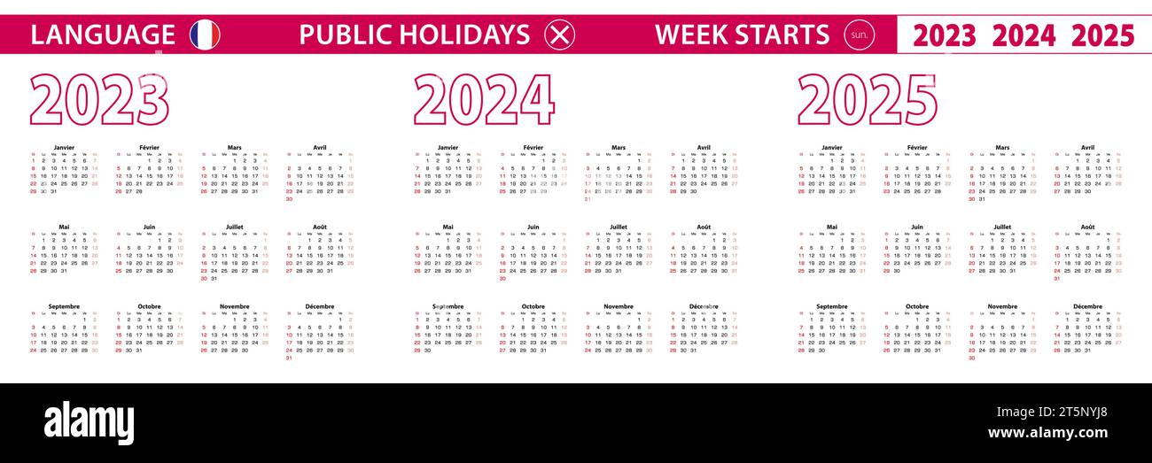 2023, 2025, 2025 year vector calendar in French language, week starts