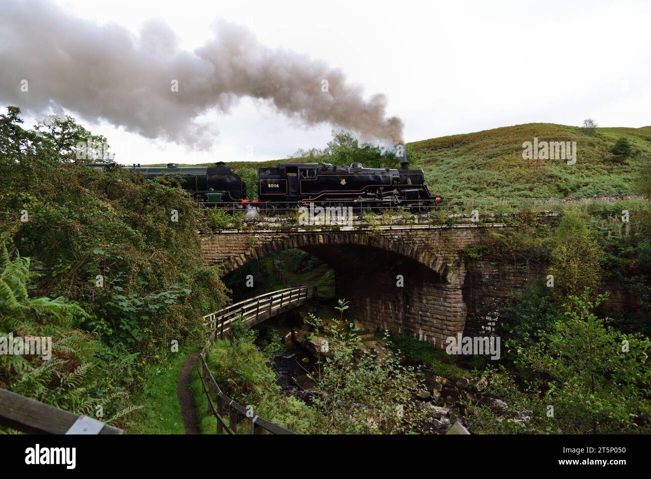 BR Standard Class 4 tank No 80136 (running as 80116) and SR Schools Class No 926 Repton at Water Arc on the North Yorkshire Moors Railway. Stock Photo