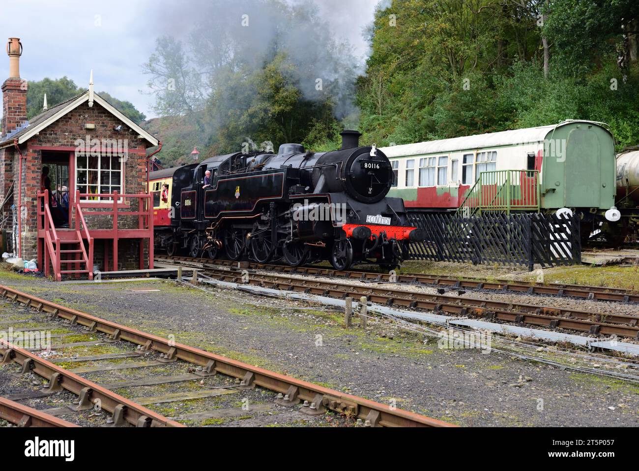 BR Standard Class 4 tank No 80136 (running as 80116) arrives at Goathland station during the North Yorkshire Moors Railway 50th Anniversary gala. Stock Photo