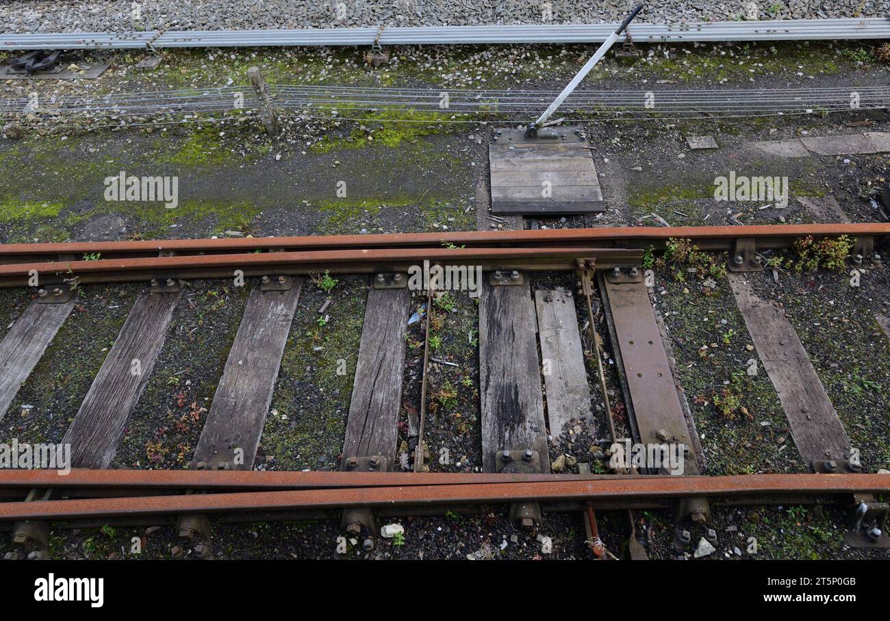 Points in rusty railway track. Stock Photo