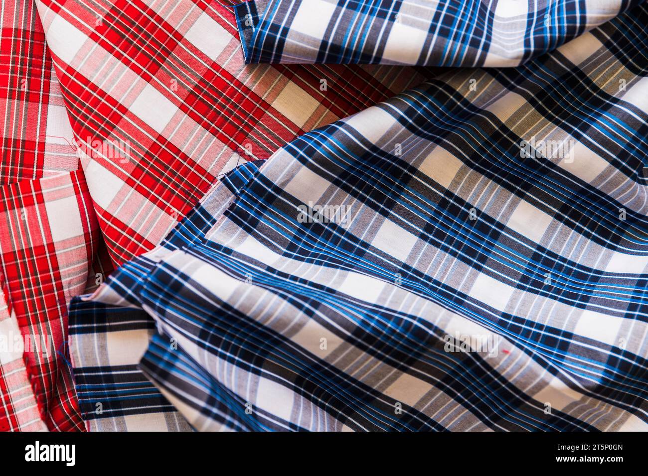 High angle view red blue chequered pattern fabric Stock Photo