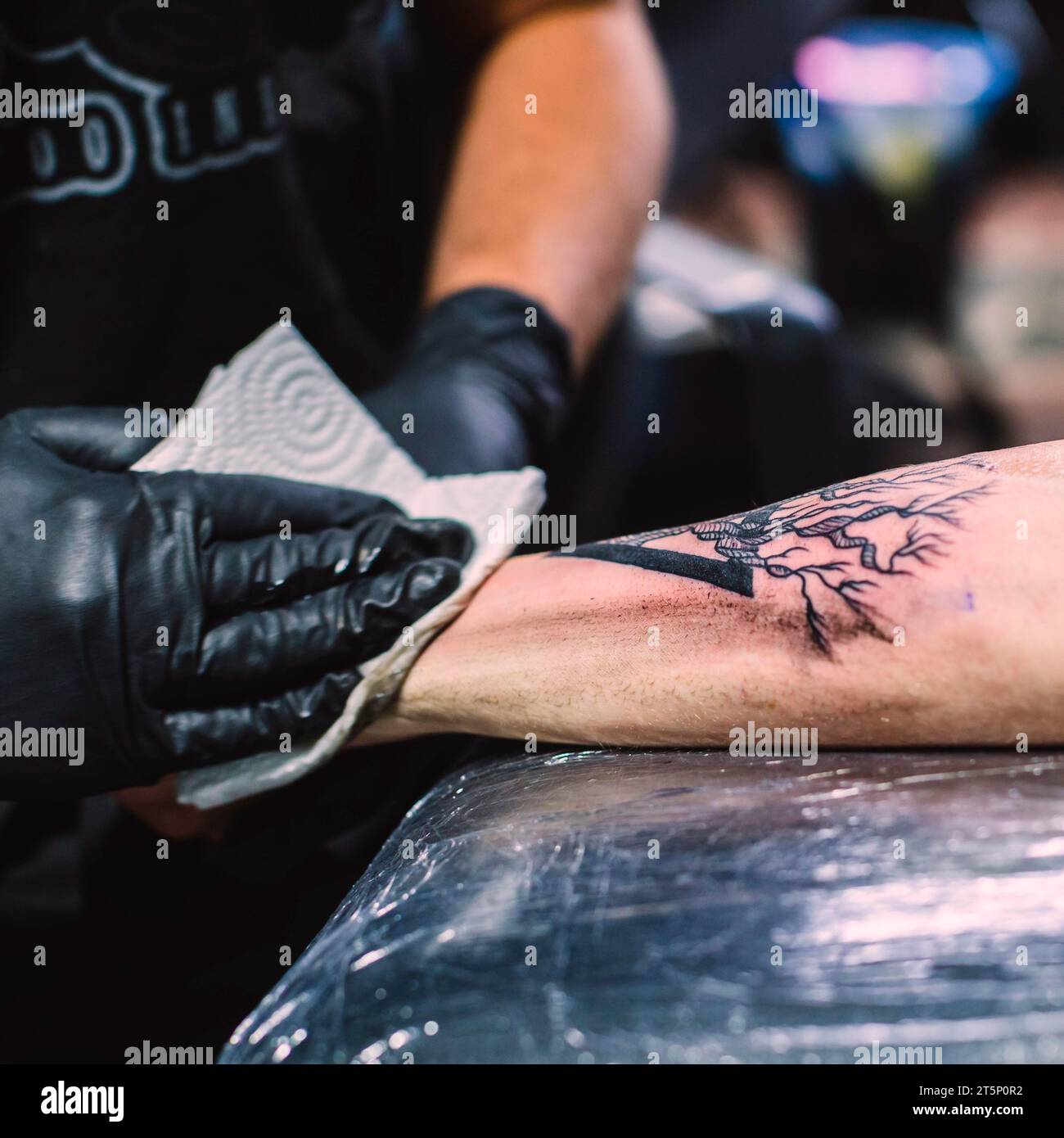 Master wiping tattoo arm Stock Photo Alamy