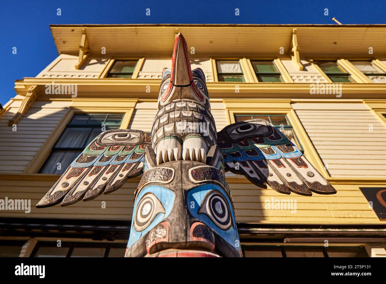 Skagway a compact city in southeast Alaska, Native totem pole outside the museum Stock Photo