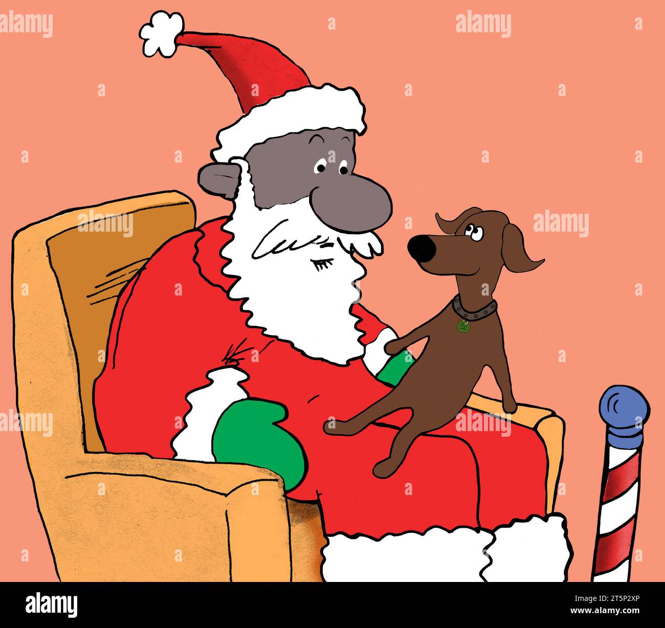 African American Santa Claus is listening to everyone's Christmas list wants, including the list from the brown dog. Stock Photo