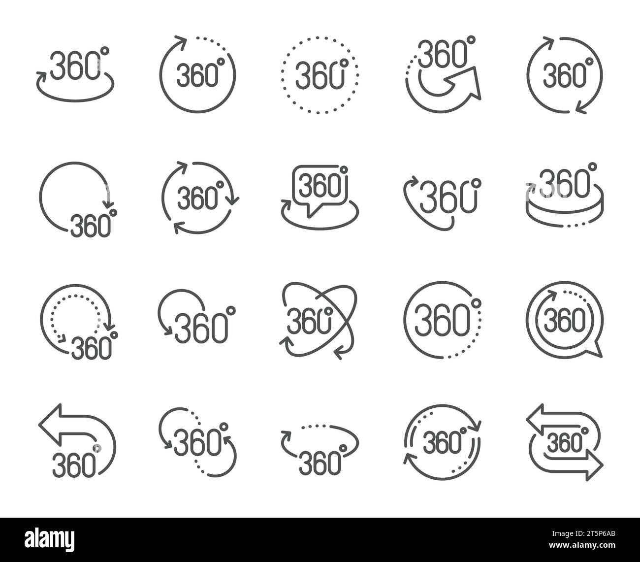 360 degree line icons. Rotate arrow, VR panoramic simulation. Vector Stock Vector