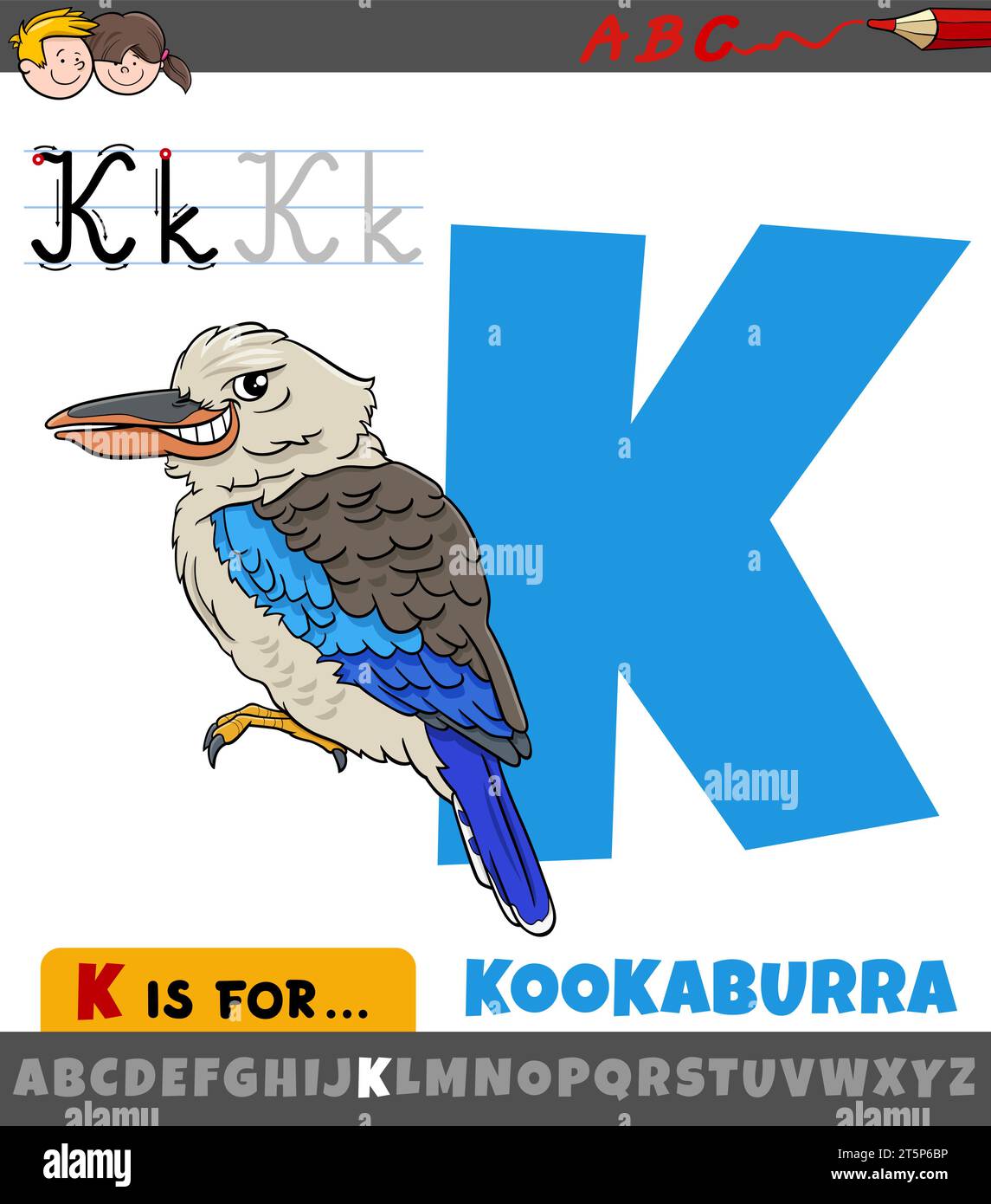Educational cartoon illustration of letter K from alphabet with kookaburra bird animal character Stock Vector