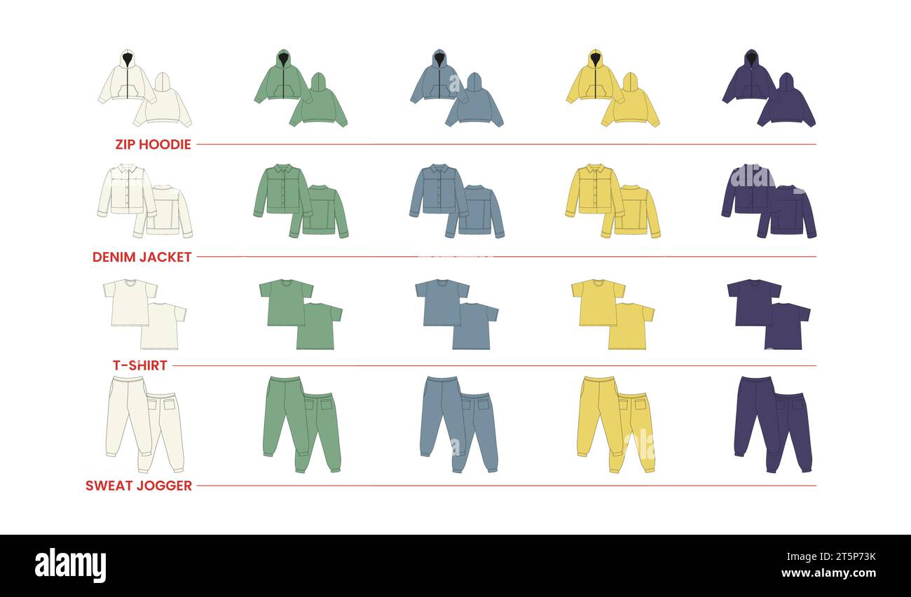 Streetwear Hoodie Vector Clothing Mockup Set Tracksuits Fashion Flat Illustration Blank Zip Hoodies T-Shirt Fashion Technical Sketch Streetwear Sweats Stock Vector