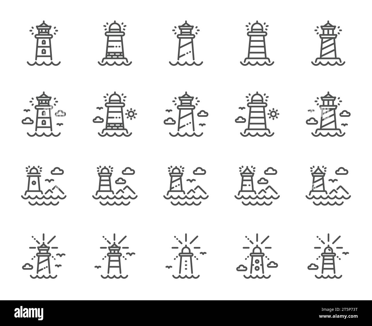 Lighthouse line icons. Searchlight tower with seagull for marine navigation of ships. Vector Stock Vector