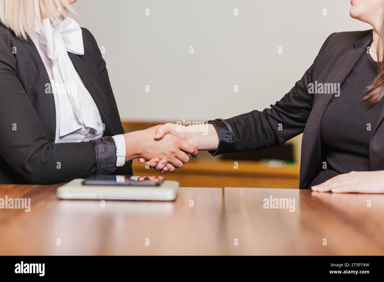 Women sitting table shaking hands Stock Photo