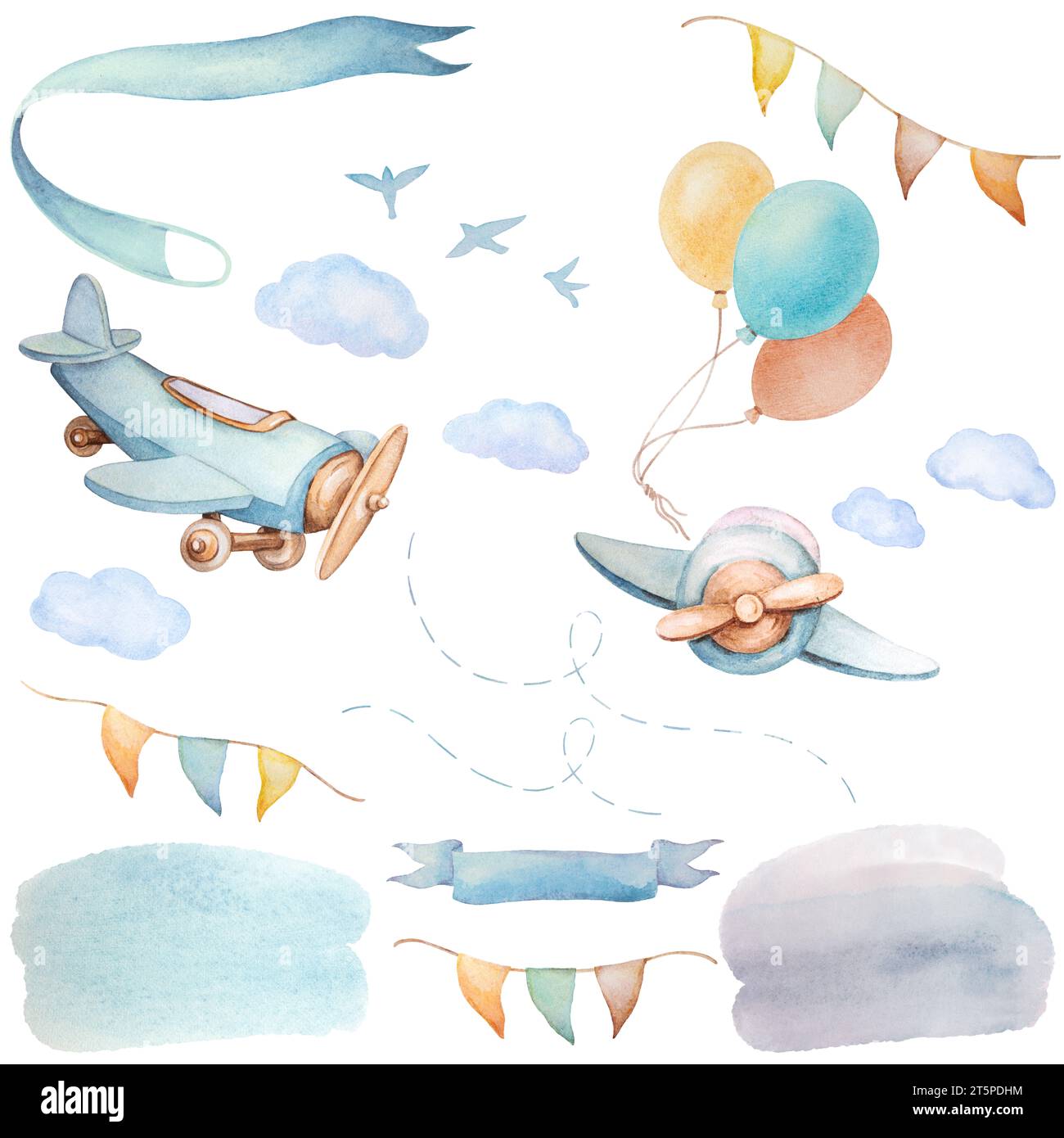 Airplanes Ribbon Sky Clipart, Baby Boy Announcement Clipart, Baby Boy