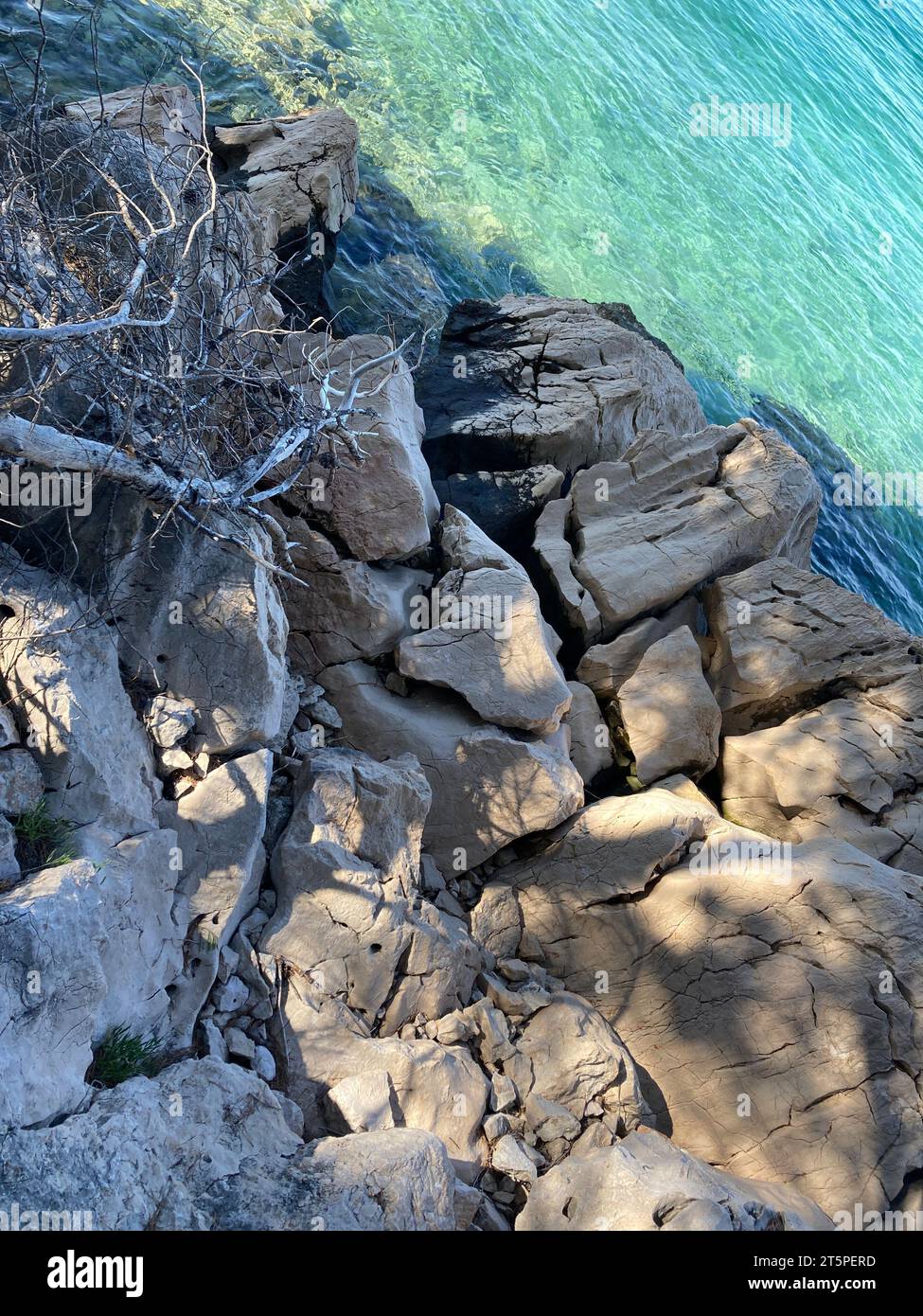 White rocks at the beach in Croatia. Adriatic rocky shore. Geology ...