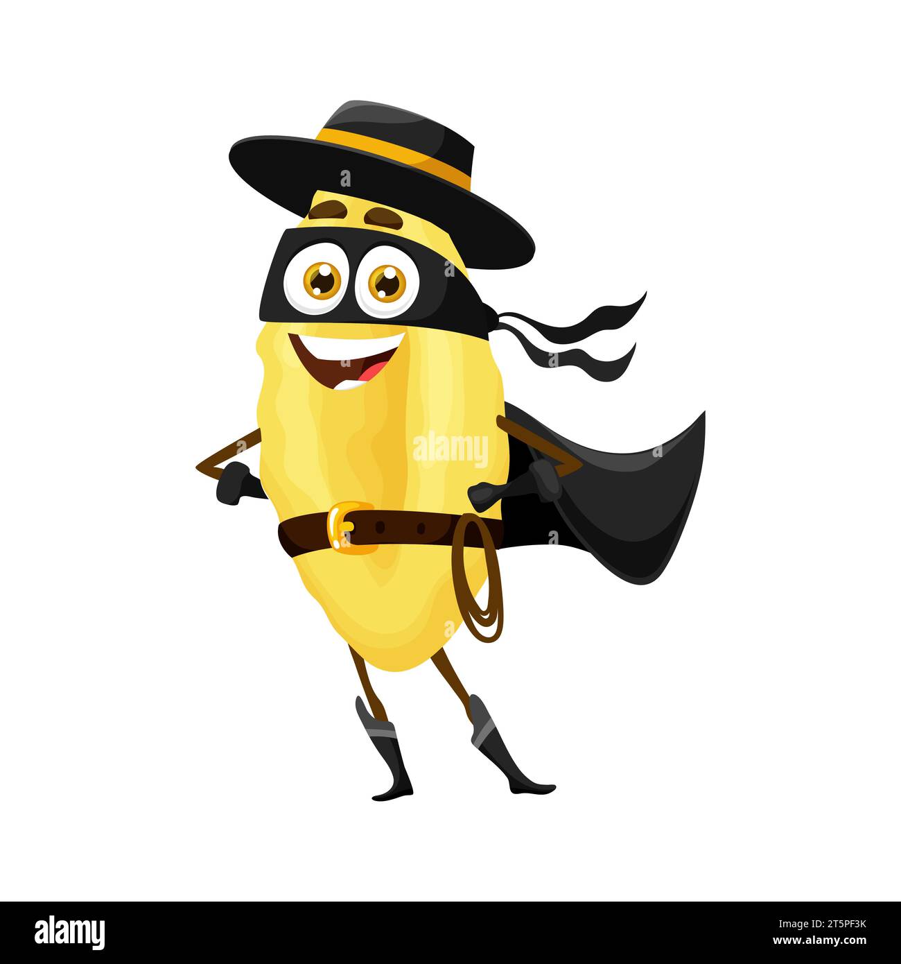 Cartoon gnocchetti sardi italian pasta food superhero character fighting to save the world from blandness. Isolated vector playful macaroni personage in black zorro hat, mask and cape armed with lasso Stock Vector