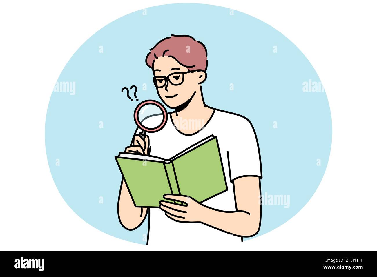 Spectacled young man reading book, studying using magnifying glass. Guy
