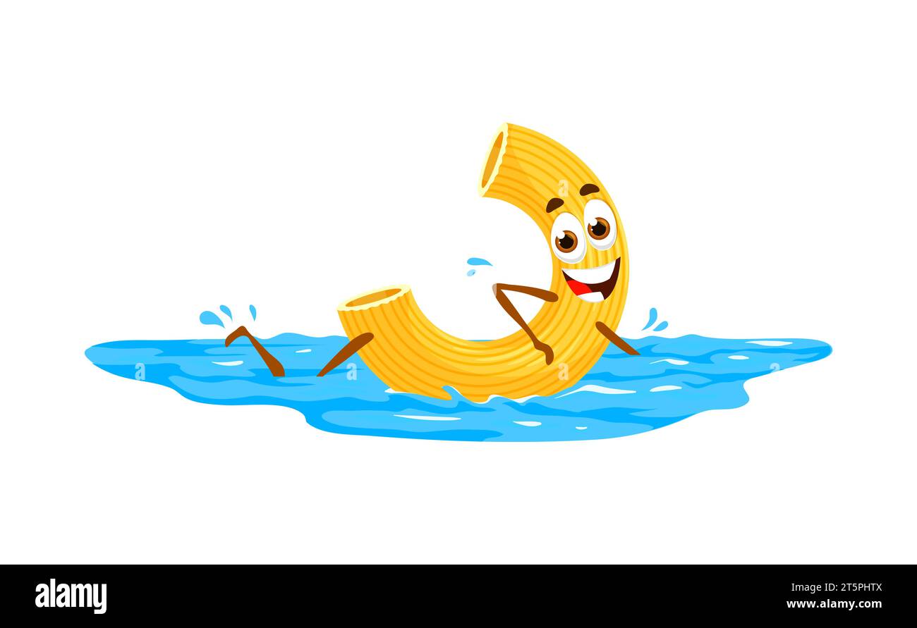 Cartoon pasta character swimming in blue water, vector summer beach vacation. Cute swimmer gobetti pasta vector personage of traditional italian food. Happy macaroni swimming in sea and ocean waves Stock Vector