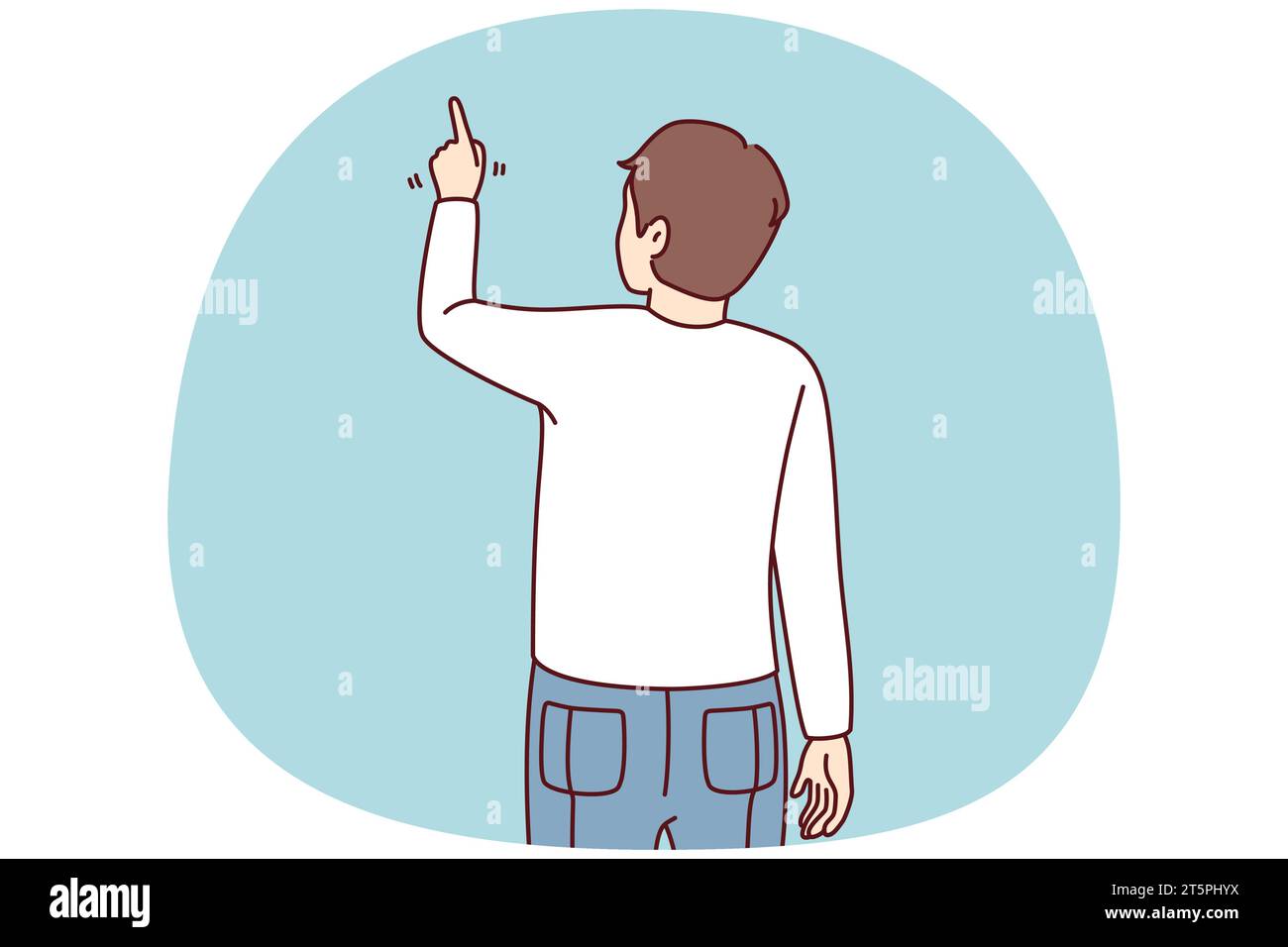 Back view of man pointing at wall with finger. Guy showing with finger on blank space. Vector illustration. Stock Vector