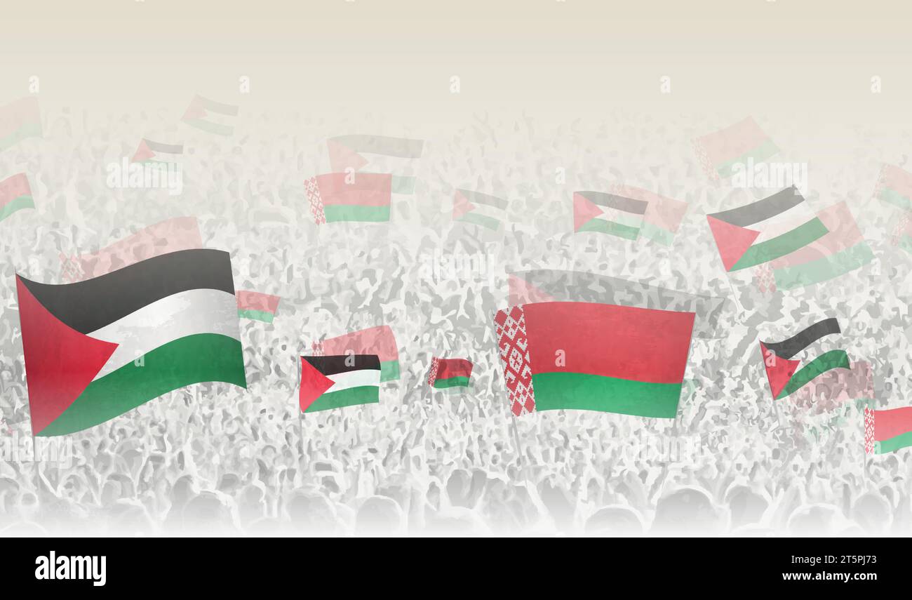 Palestine and Belarus flags in a crowd of cheering people. Crowd of people with flags. Vector illustration. Stock Vector