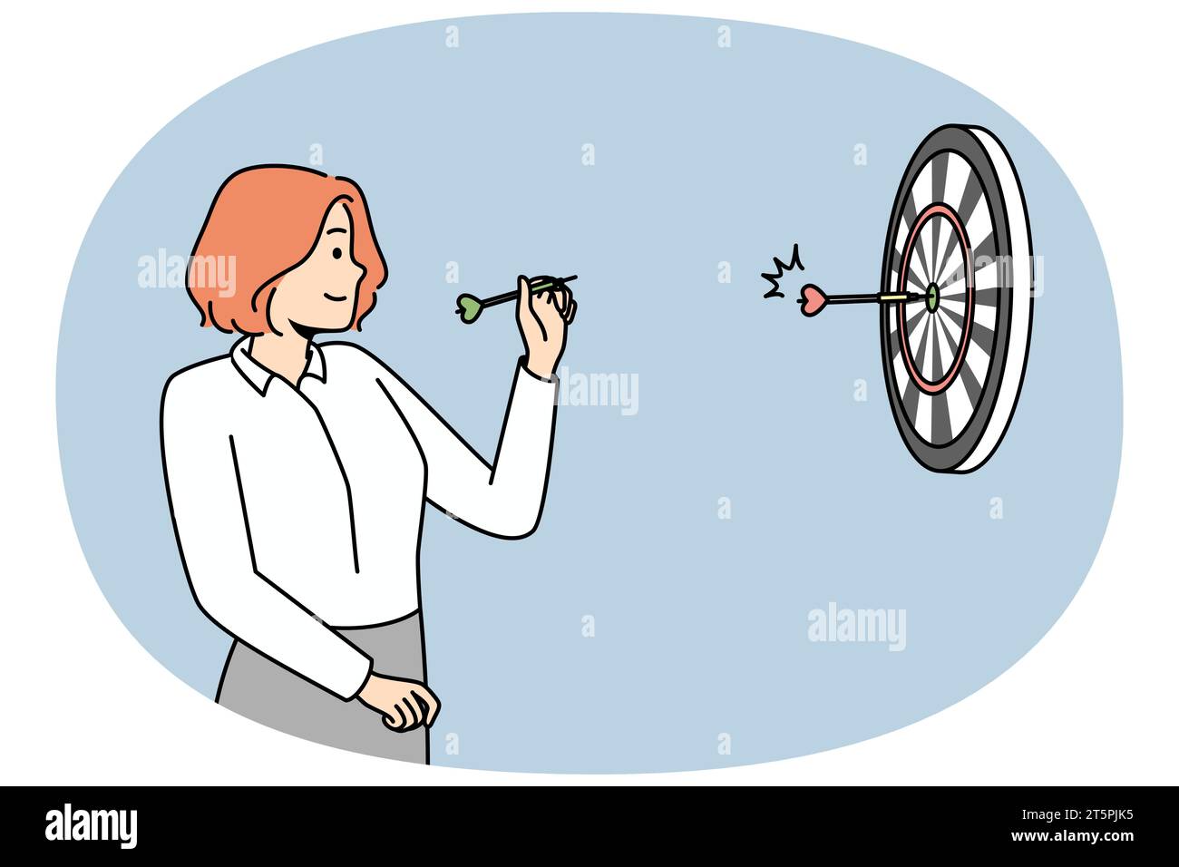 Girl throwing darts at target at wall. Businesswoman aiming arrow at