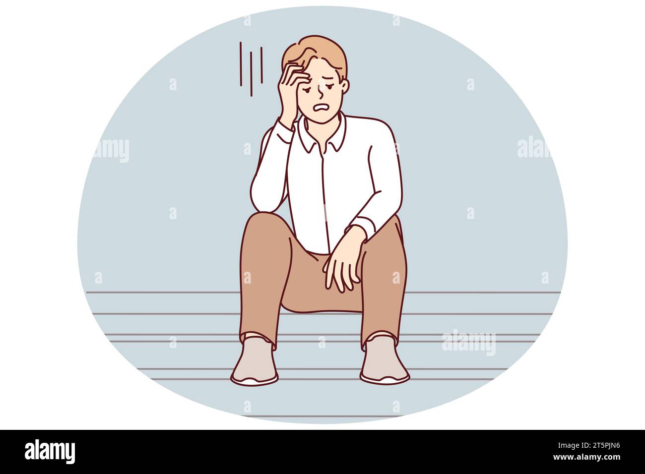 Unhappy young man sit on stairs feel distressed with job loss or failure. Upset male stressed with life or business problems, look for solution. Vector illustration. Stock Vector