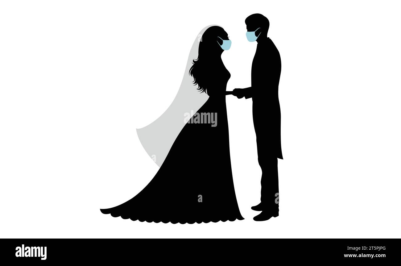 Silhouettes of groom and bride standing and holding hands. They wear masks. Stock Vector
