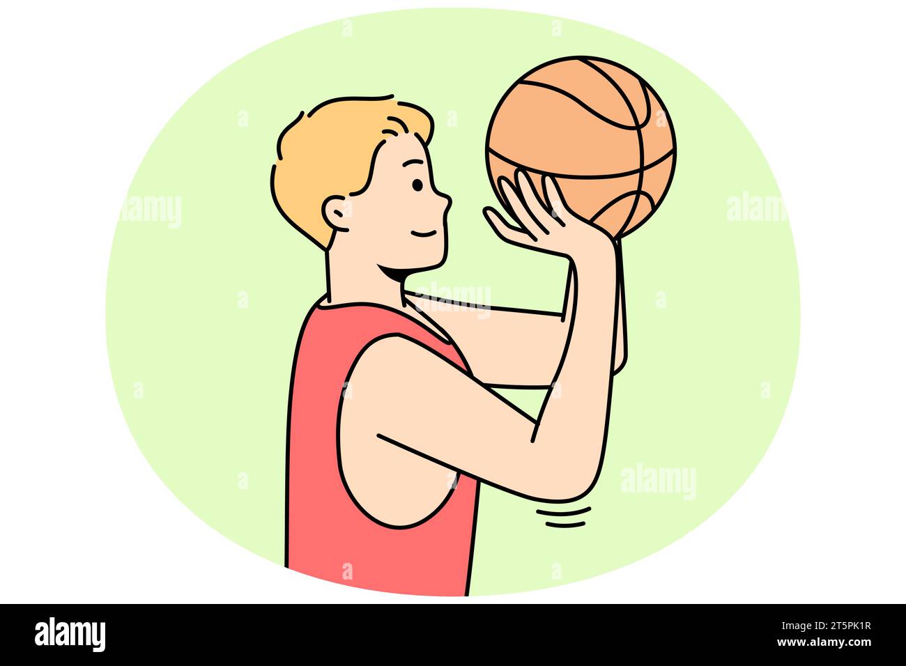 Boy throws ball into hoop or through net. Guy playing basketball or volleyball on court. Basketballer, hoopster, player trying to hit into rim. Sportsman practices drills. Young man training. Stock Vector