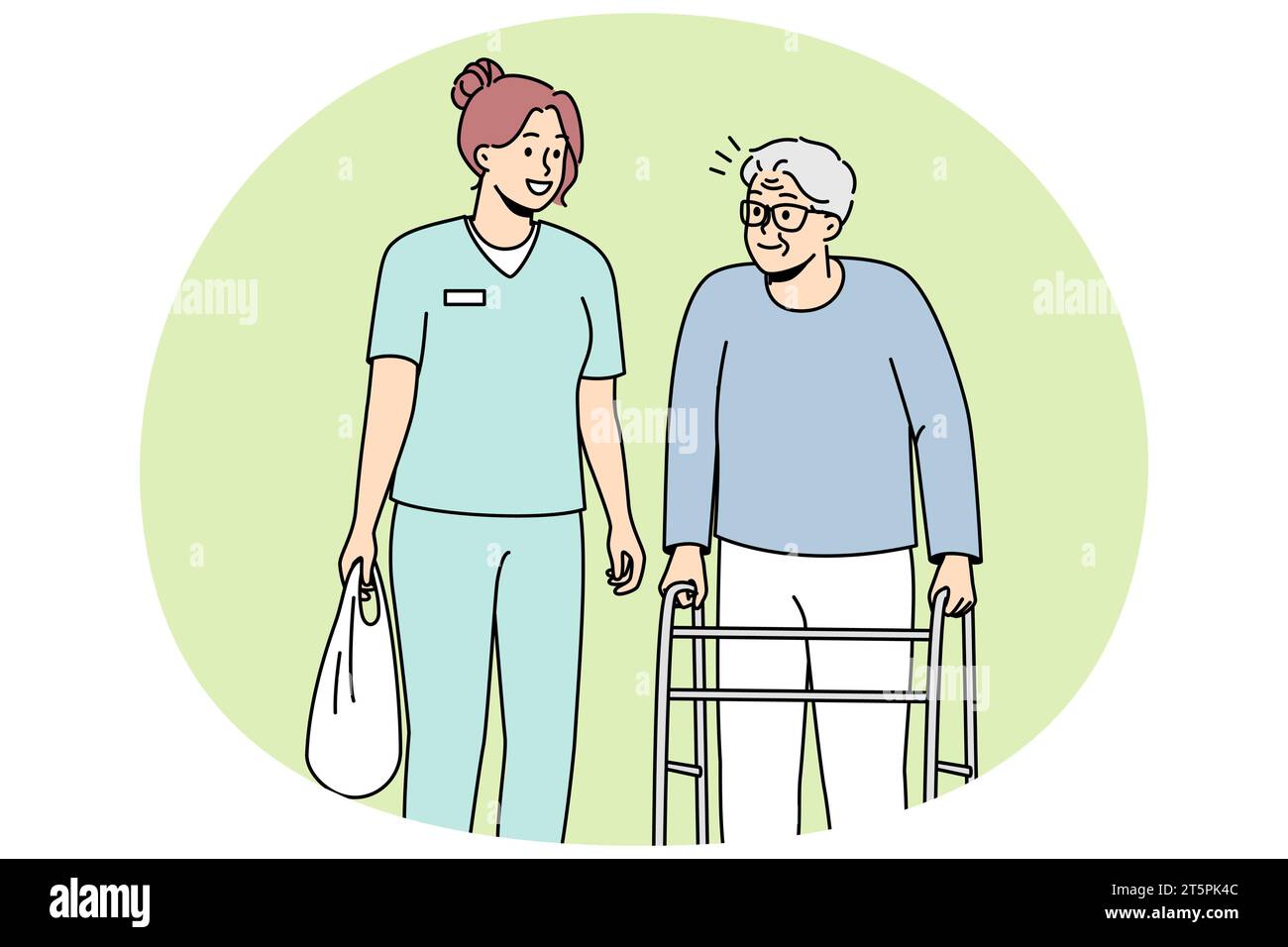 Woman health care worker helps elderly disabled person with walking